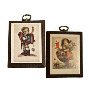 Vintage Hummel Prints Wooden Plaque Set 4x4 Framed Wall Art Cottagecore